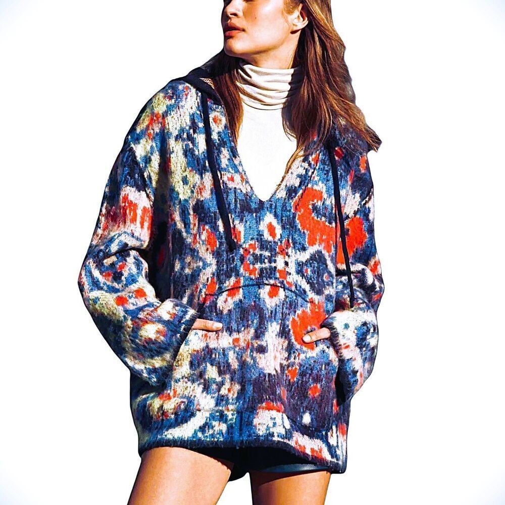 Anthropologie Women's Relaxed Hooded Sweater Wool Blend Multi Color Cozy Sz S /M